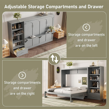 GDFStudio Queen Size Murphy Bed with Storage Compartments and Shelf, Wall Bed Frame with Adjustable Shelves and Drawer, Foldable Platform Bed for Guest Room Bedroom, Gray