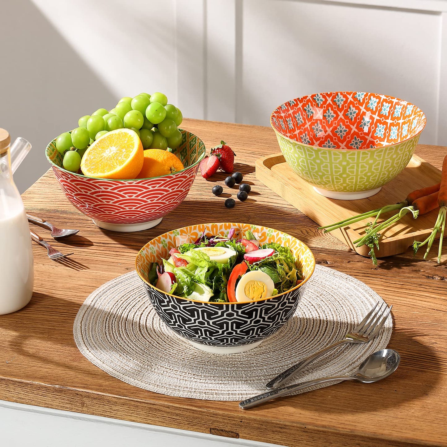 Metahom Salad Soup Bowls, Large Serving Bowls for Pho, Pasta Rarmen, 48 Oz Stackable Ceramic Bowls for Kitchen, Set of 3, Microwave & Dishwasher Safe