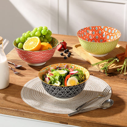 Metahom Salad Soup Bowls, Large Serving Bowls for Pho, Pasta Rarmen, 48 Oz Stackable Ceramic Bowls for Kitchen, Set of 3, Microwave & Dishwasher Safe