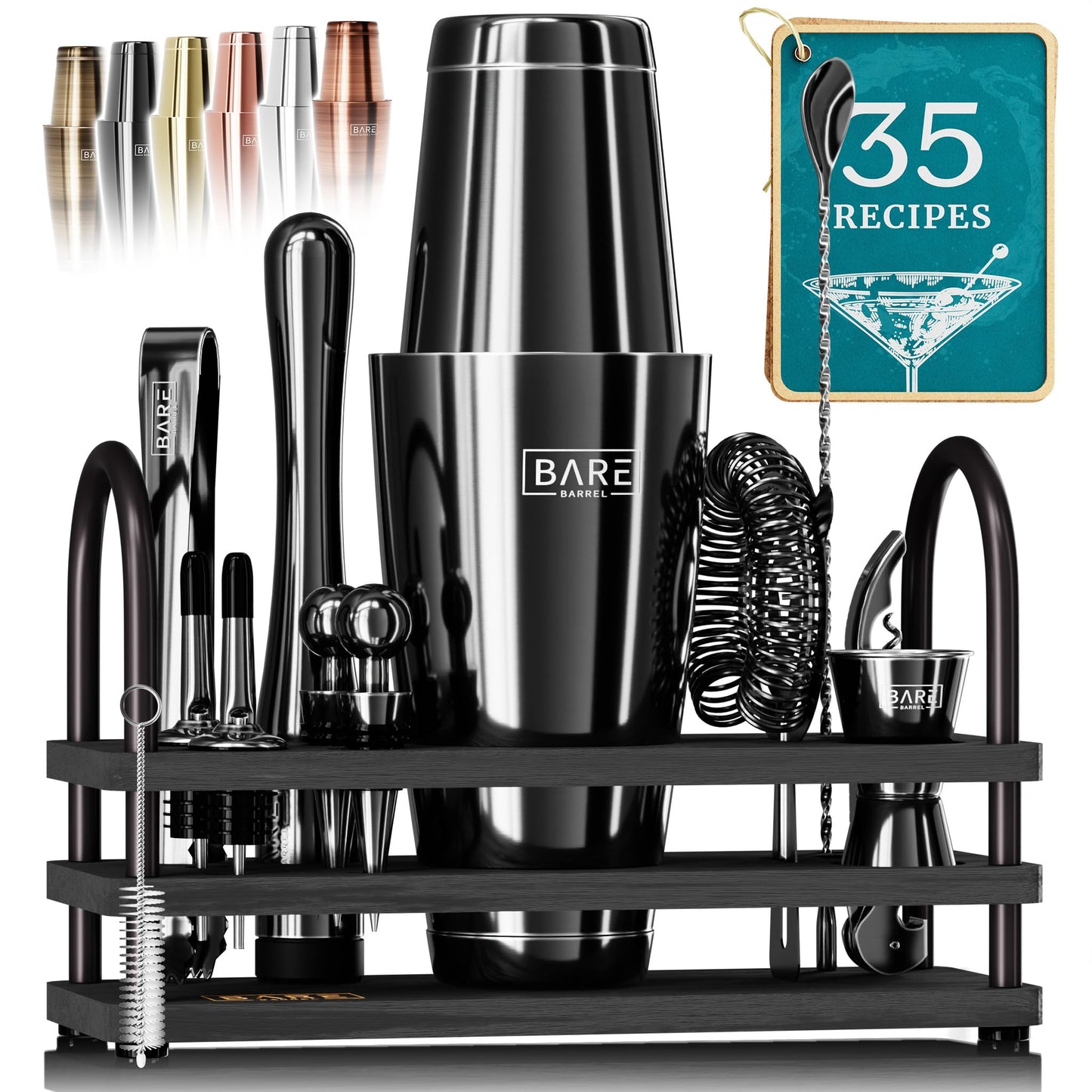 BARE BARREL® Mixology Bartender Kit Bar Set | 14-Piece Cocktail Shaker Set | Martini Barware Mixing Tools for Home Bartending | 35 Recipe Cards | Gift Set (28oz Boston Shaker, Jet Black/Black)