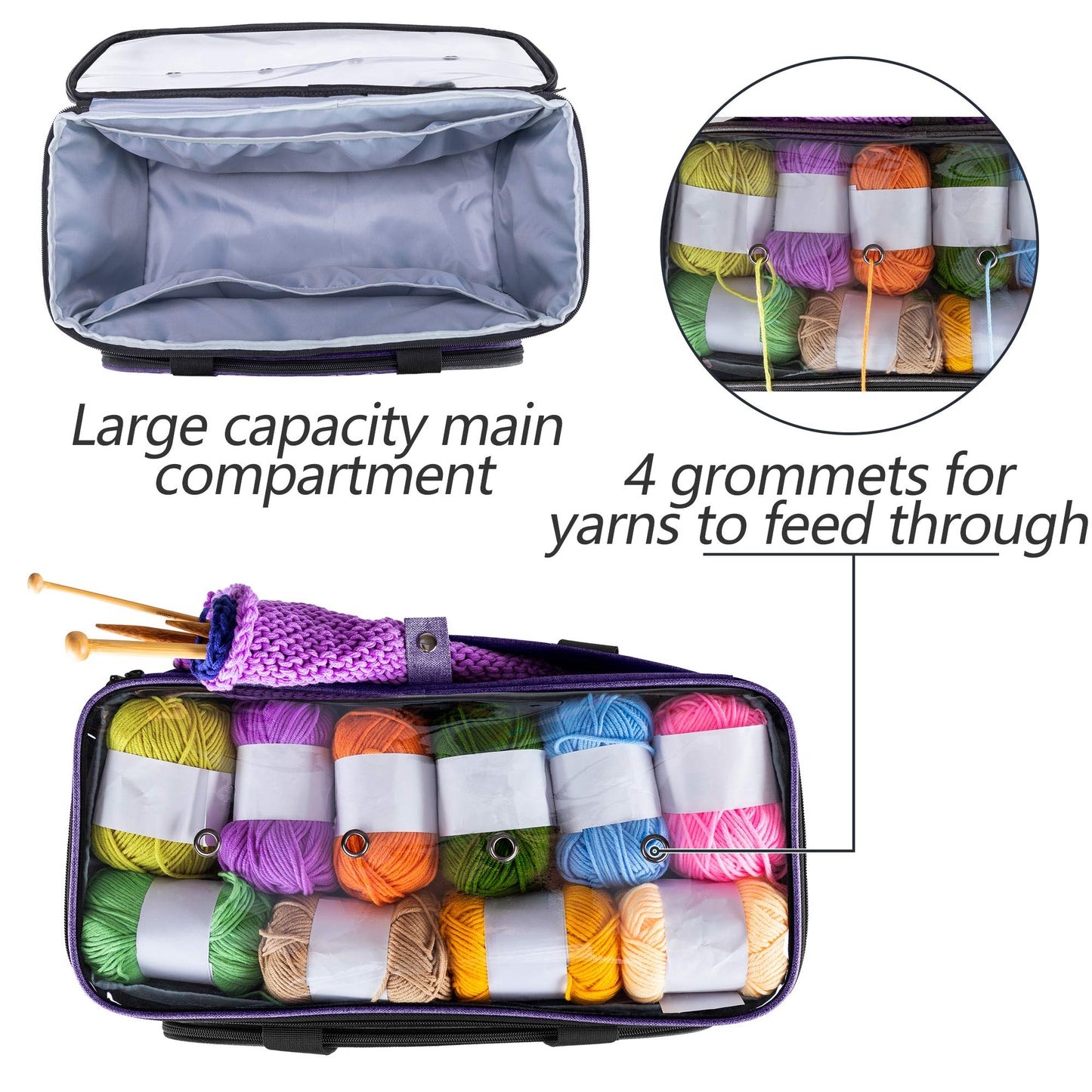 Yarwo Knitting Yarn Bag, Crochet Tote with Pocket for WIP projects, Knitting Needles(Up to 14”) and Skeins of Yarn, Christmas & New Beginnings Gifts for Women, Purple (Bag Only)