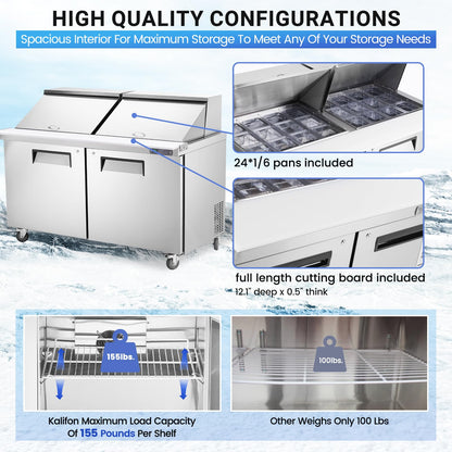 kalifon 60" W 2 Door Refrigerator Sandwich Salad Prep Table Commercial Stainless Steel Fan Cooling Refrigerator with Cutting Board, 2 Shelves & 24 Pans for Restaurant, Bar, Shop-16.4 Cu.ft