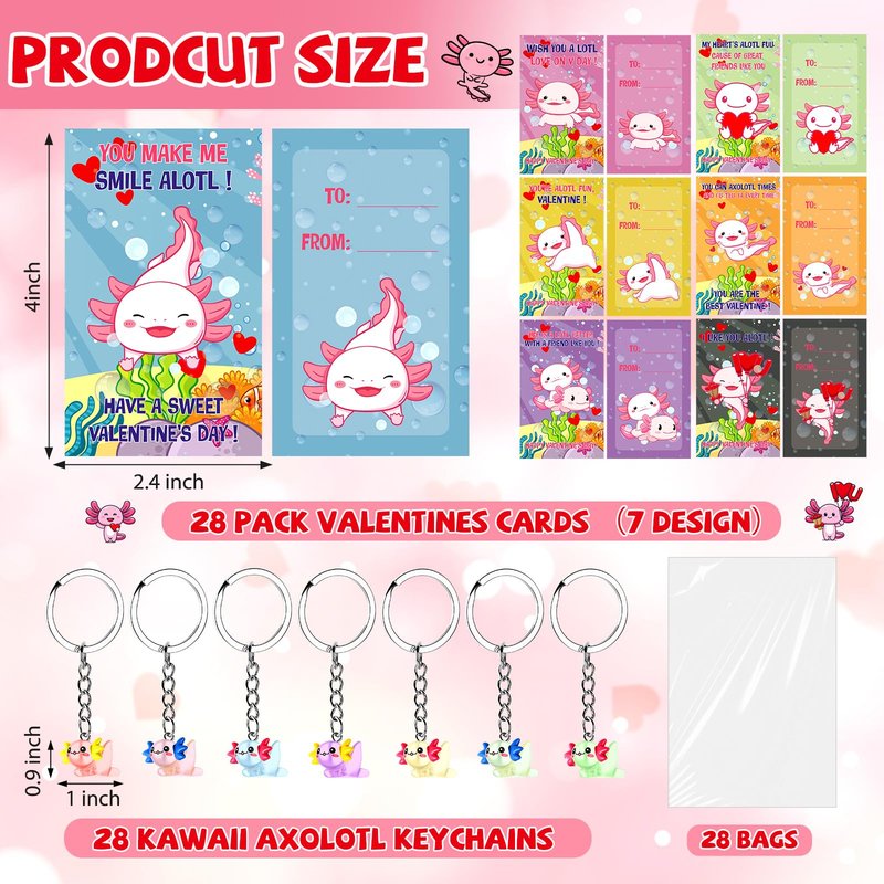 HyDren 28 Sets Valentine Axolotl Gifts for Kids Axolotl Keychains with Cards Gift for Valentine School Classroom Exchange Party Favors(Clear,Light Color)