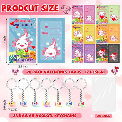 HyDren 28 Sets Valentine Axolotl Gifts for Kids Axolotl Keychains with Cards Gift for Valentine School Classroom Exchange Party Favors(Clear,Light Color)