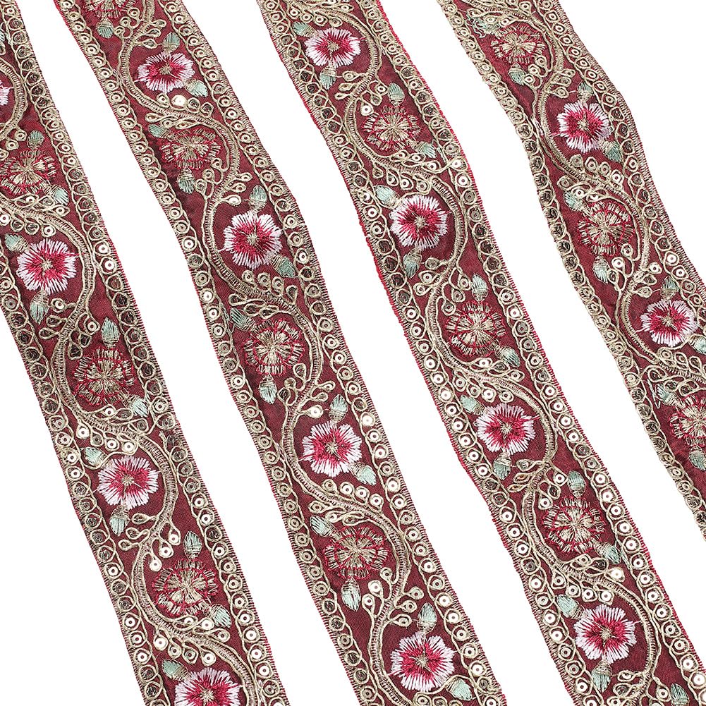 CABODYALS 10 Yards 1.6 Inch Dark Red Embroidered Ribbon Metallic Sequin Gold Floral Jacquard Trim Tape Polyester Flower Woven Embroidery Applique Ribbons for Sewing Making Clothes Crafts Dresses Decor