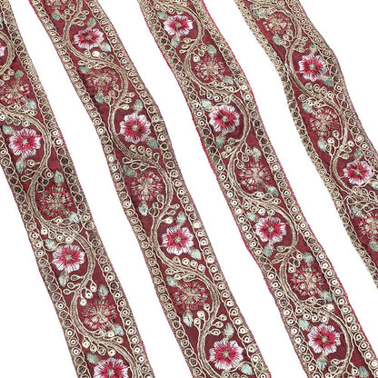 CABODYALS 10 Yards 1.6 Inch Dark Red Embroidered Ribbon Metallic Sequin Gold Floral Jacquard Trim Tape Polyester Flower Woven Embroidery Applique Ribbons for Sewing Making Clothes Crafts Dresses Decor