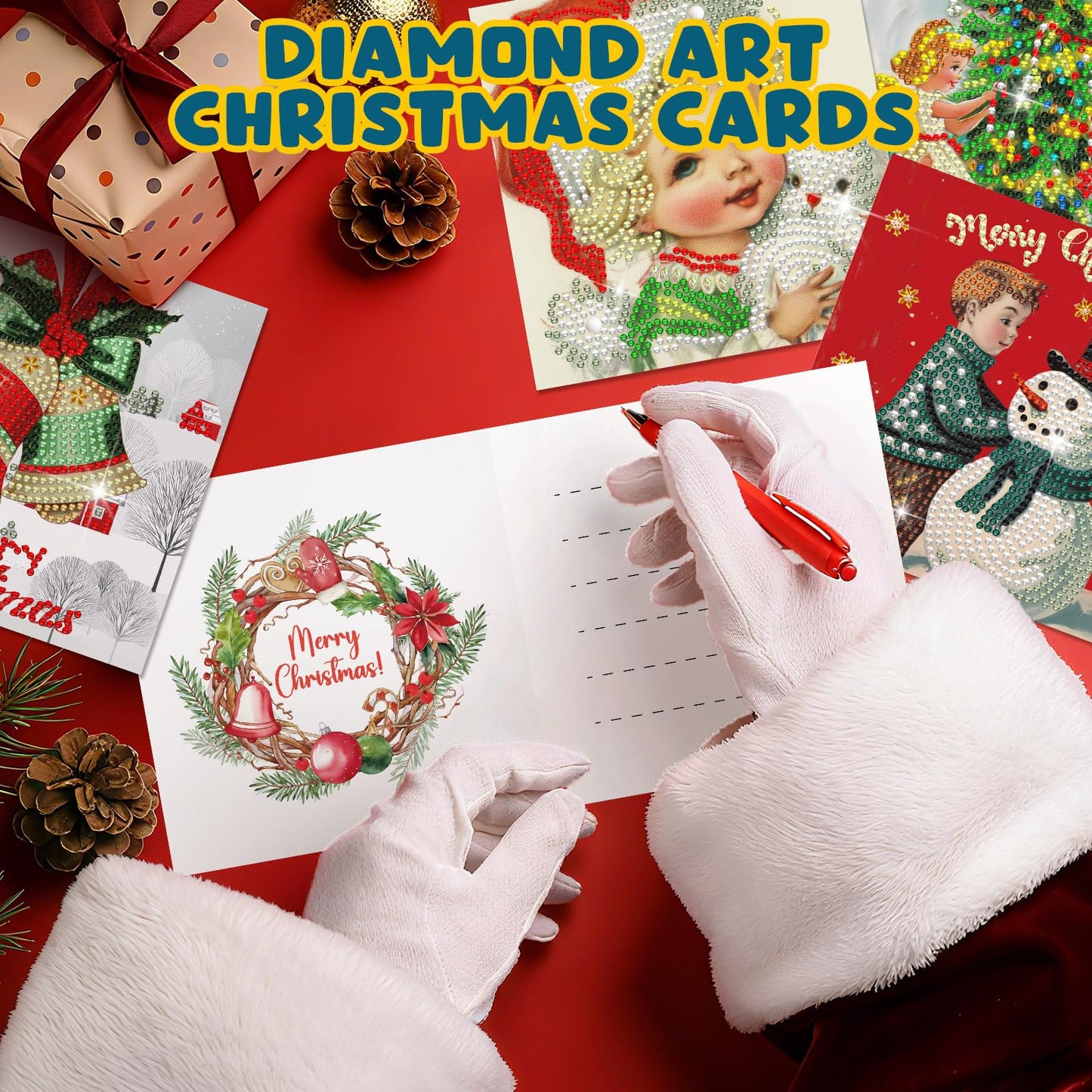 Colarr 18 Pcs Vintage Christmas Diamond Painting Greeting Card with Envelopes 5d DIY Diamond Art Snowman Santa Cards for Adults Craft Family Birthday Gifts Including 3 Pen 1 Tray 1 Sticky Wax
