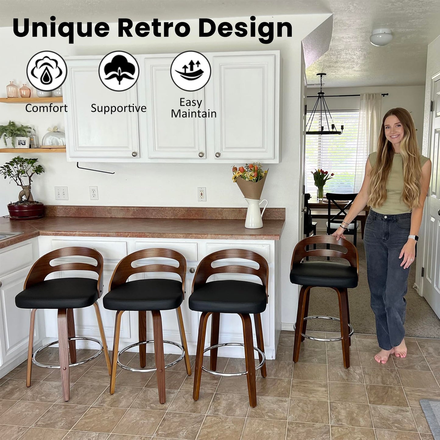 Bar Stools Set of 2, Swivel Bar Stools with Walnut Craftsmanship, Bentwood Curved Back, Upholstered Faux Leather, Soft Cushion Seat, Mid Century BarStools for Bar/Pub/Cafe (Black, 30" Seat Height)