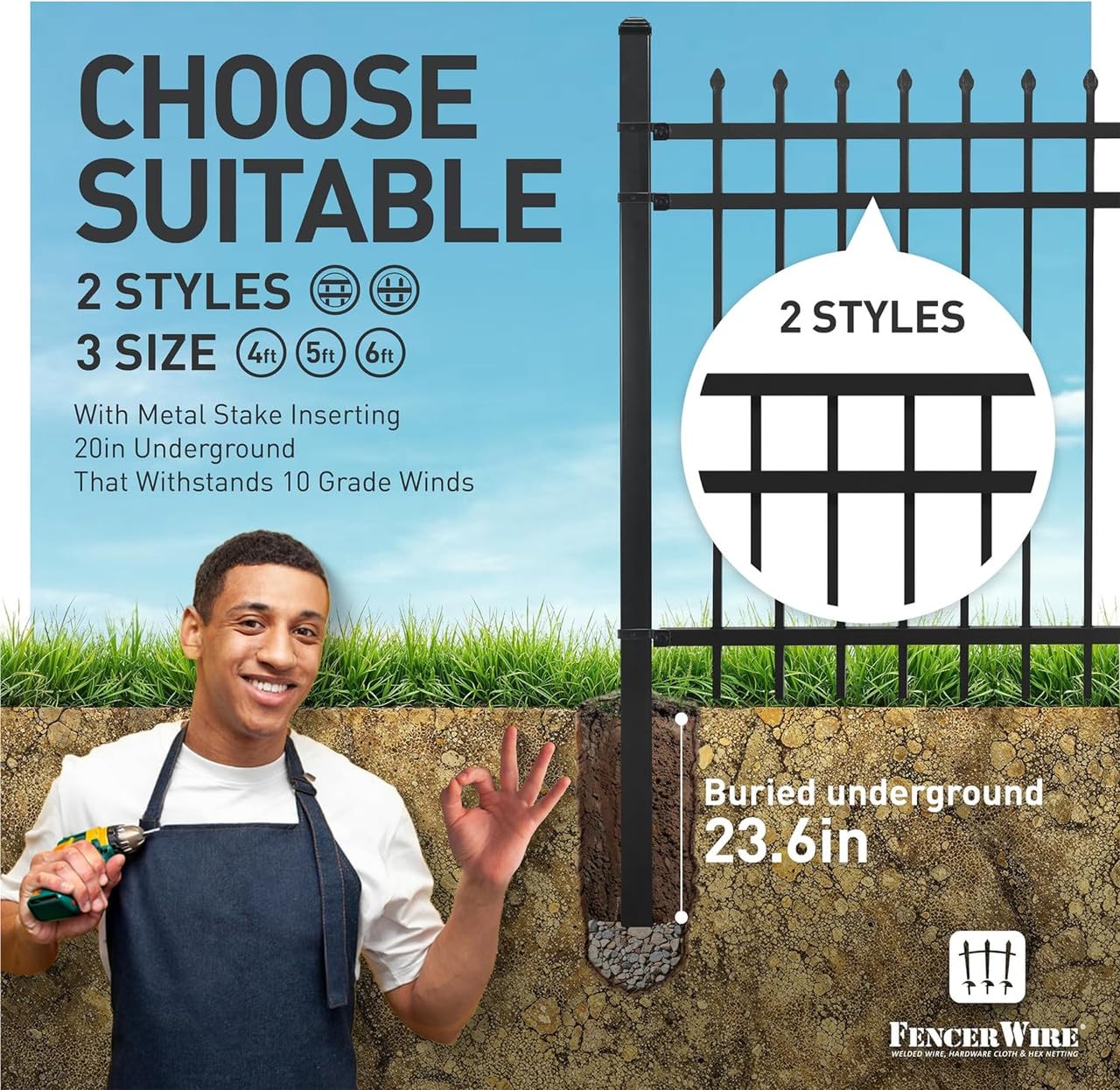Fencer Wire 100FT Heavy Duty Flat Top Fence Barrier Kit, Anti-Rust Metal Steel Fence with 5FT Height X 8FT Width Panels, with Flat Top Gate, Posts, Connectors, Outdoor Fencing for Yard