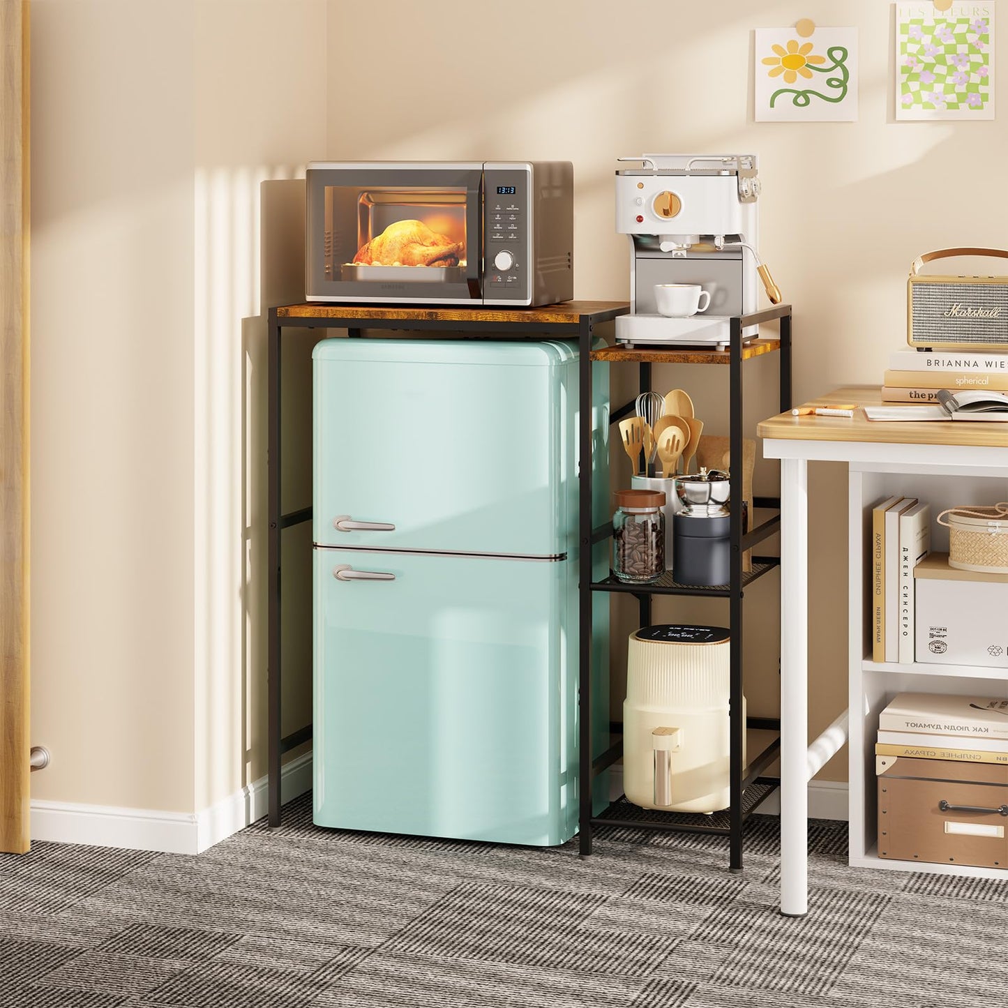 Yuyetuyo Mini Fridge Stand with Storage Shelves, Wine Cabinet, Microwave Stand, Coffee Bar, TV Stand, Bakers Rack, Beverage Refrigerator Table Adjustable for Dorm Apartment Kitchen Rustic Brown
