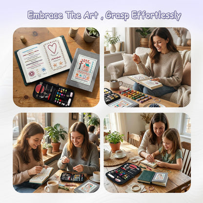 majusaccessory Embroidery Stitch Book Kit for Beginners,106 Patterns & 27 Full Tool Set with Video Instructions, Portable All in One Kit for Stress Relief & Relaxation, Perfect for Leisure Time, Gift