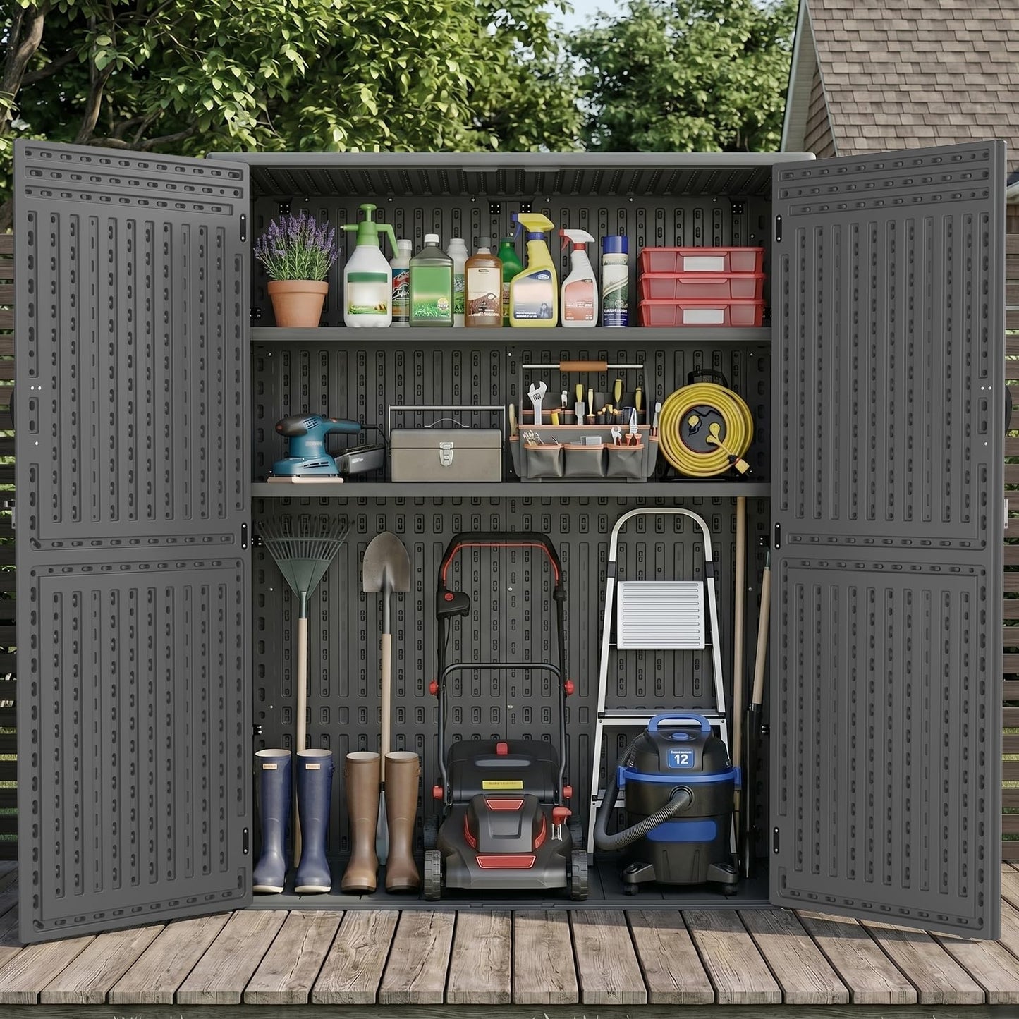 EHHLY Vertical Resin Storage Shed with 2 Shelves, 60 Cuft Garden Tool Sheds & Outdoor Storage, Plastic Outdoor Storage Cabinet Waterproof, 4.5 x 2.3 ft Backyard Outside Lawn Mower Storage Shed, Grey