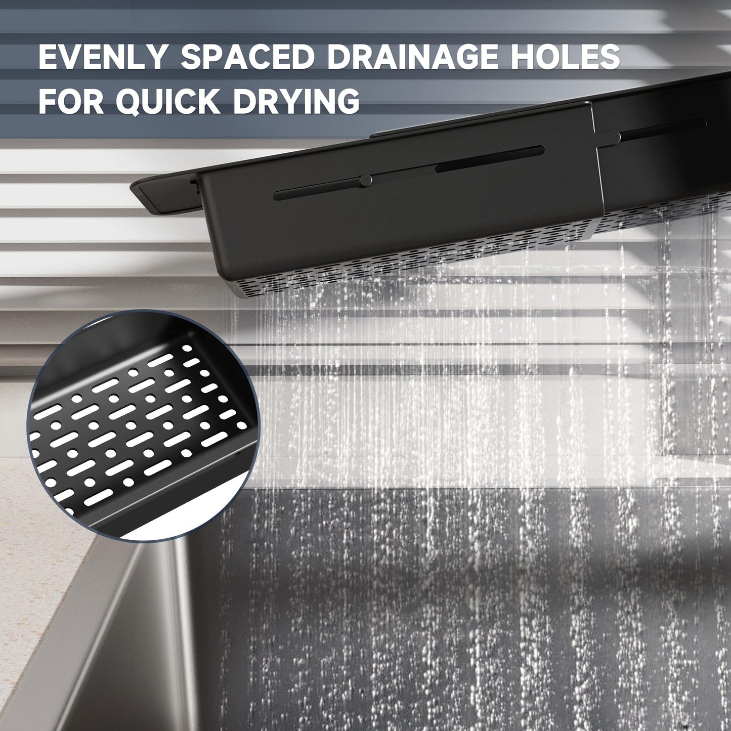 NiHome Extendable Over Sink Kitchen Organizer, Small Telescopic Brush Storage Rack for Sponge, Non-Slip Pads Expandable Sink Caddy, Adjustable Sponge/Brush Rack with Drainage Durable ABS (Black)