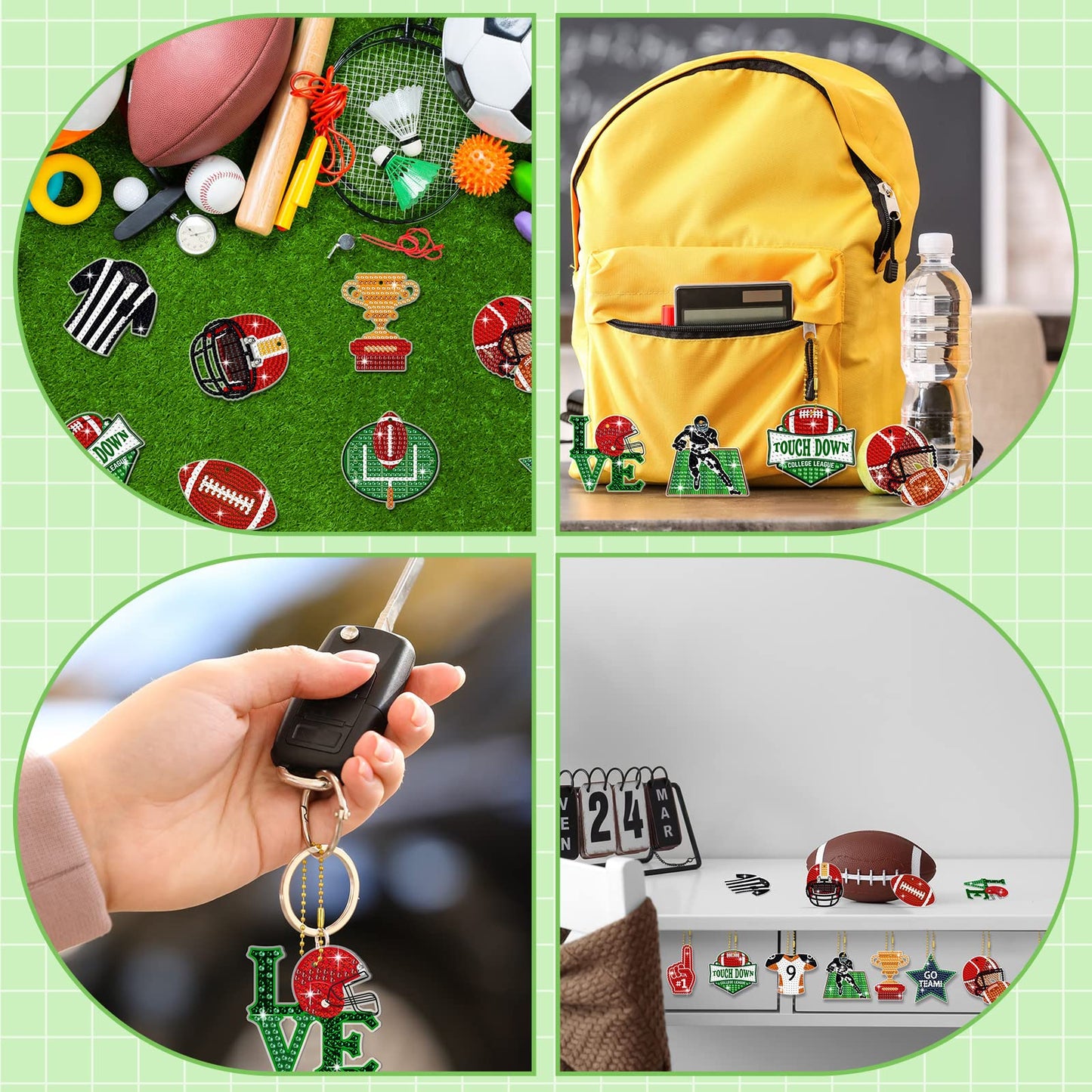 Yinkin 15 Pcs Football Diamond Art Keychains 5d Diamond Painting Keychain Football Party Decoration DIY Ornaments Pendant Kits for Adult