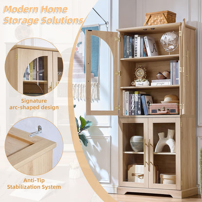 Joaxswe 72" Tall Bookshelf Set of 2, Farmhouse Bookcase with 3-Tier Adjustable Shelves, Modern Living Room Display Cabinet with Glass Doors, Large Storage Cabinet for Home Office,Dining Room, Natural