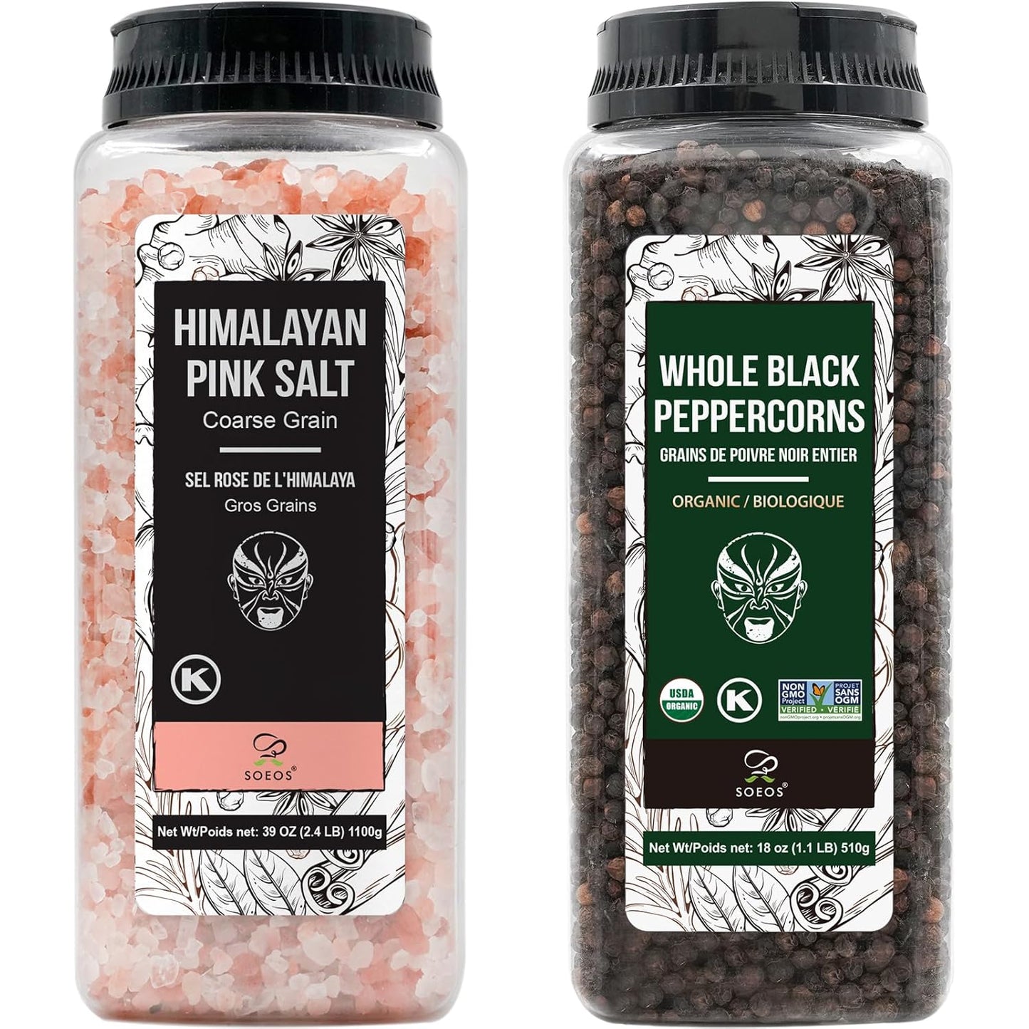 Soeos Himalayan Pink Salt Coarse 39 oz | Organic Black Peppercorns 18 oz - Non-GMO Spice Set for Cooking