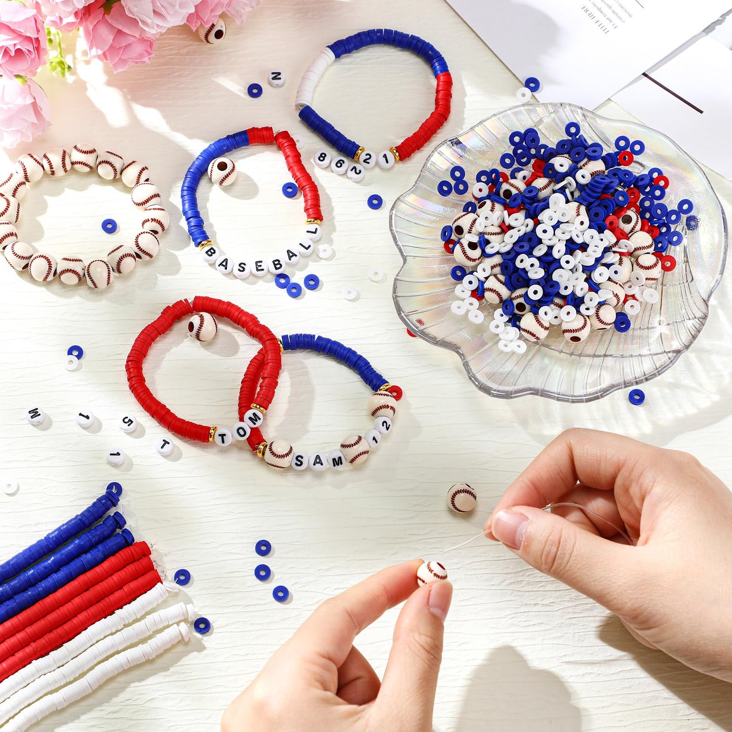 Ferreve 4200 Pcs Baseball 12 Strands Clay Beads Bracelet Making Kit, 100 Letter and Number Beads, 120 Baseball Acrylic with Gold Spacer, Charm Bracelet Kit for Sport Party