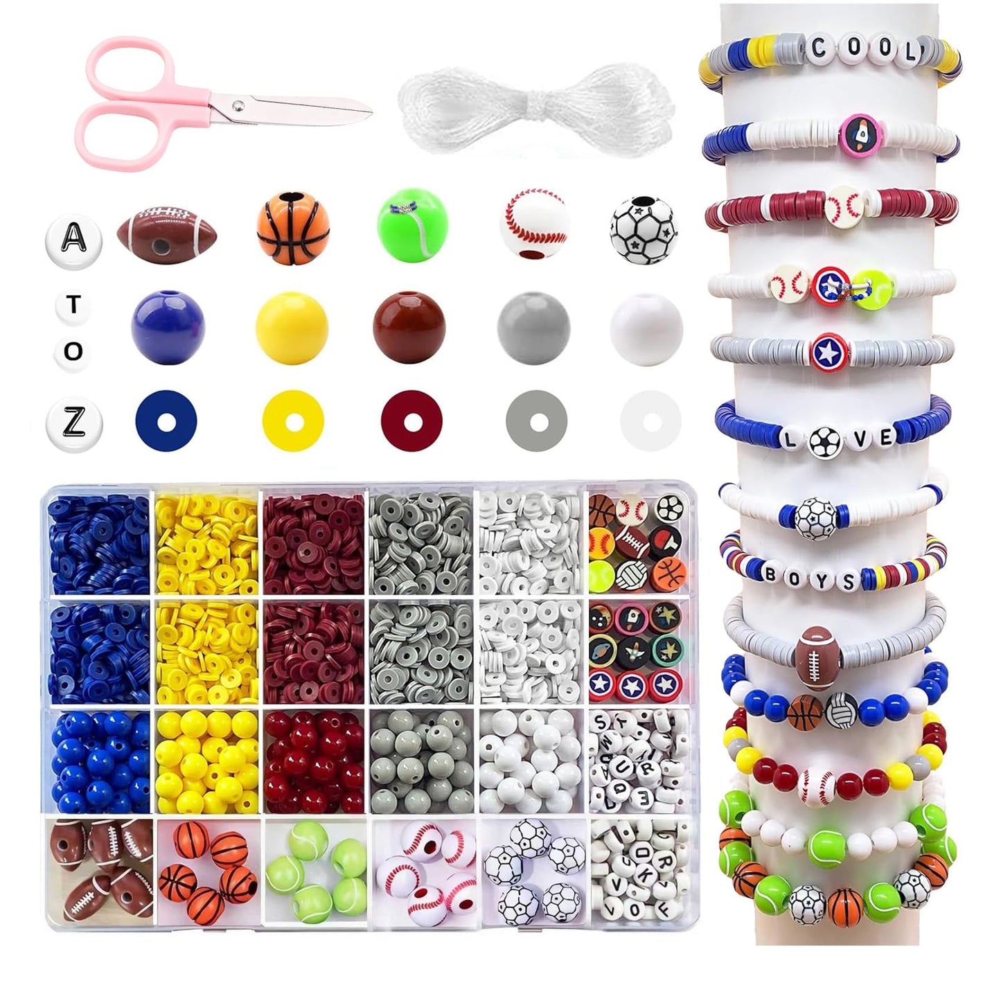 1769Pcs Acrylic Sports Ball Beads Kit for DIY Bracelet, Necklace & Jewelry Making, Letter Beads Volleyball Baseball Basketball Football Soccer Charms, Birthday Party Supplies Handmade Gifts