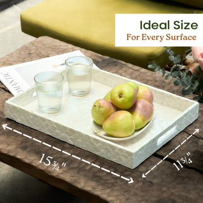 CHI AN HOME Capiz Decorative Tray 15.8” x 11.8” x 1.8" Rectangular Tray, Natural Handmade Serving Tray with Handles for Coffee Tables, Ottoman, Vanity, Kitchen, Coastal Boho Home Decor, White
