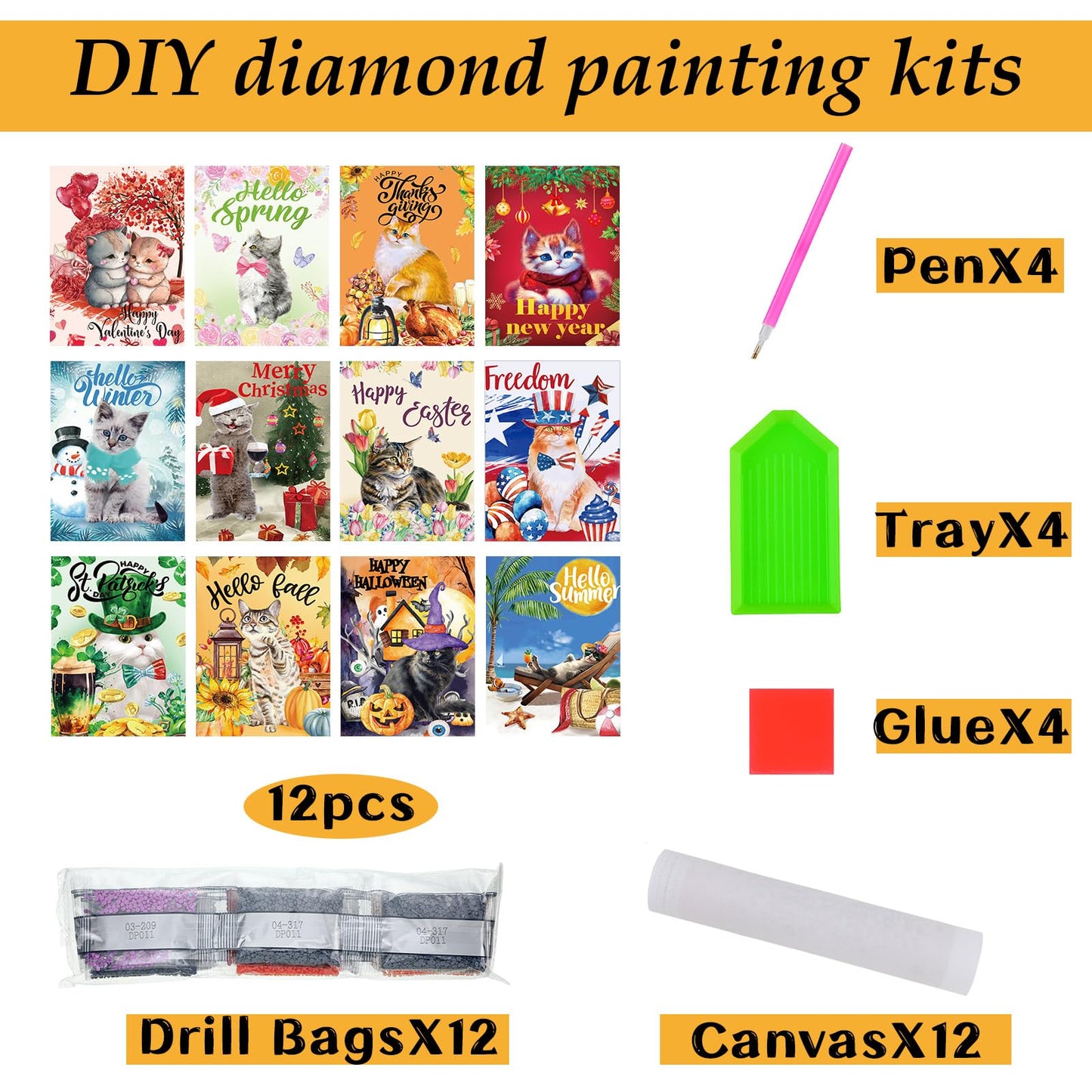 Sinmoe 12 Pieces Valentine DIY Diamond Art Kits 5d Cat Diamond Painting Kits for Adults Diamonds Paintings for Kid Parents Children Beginners, 12 x 16 Inch