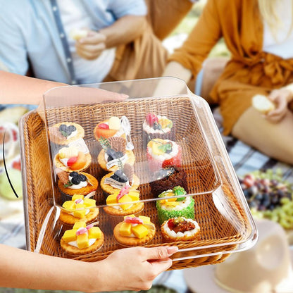 Mumufy 2 Pack Wicker Large Bread Basket with Acrylic Lid Housewarming Gift Woven Rectangular Imitation Rattan Fruit Basket with Cover for Serving Food Display Tabletop Home Kitchen(17.72x13.78'')