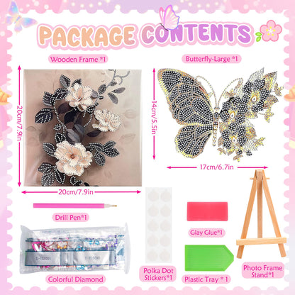 SJTYDX 5D Diamond Art Butterfly Kit with Frame, Flower Diamond Painting for Adults Beginners, DIY Gem Painting Craft with Easel, Diamond Paint Kit for Home Decor & Unique Gift, 7.8x7.8 Inc
