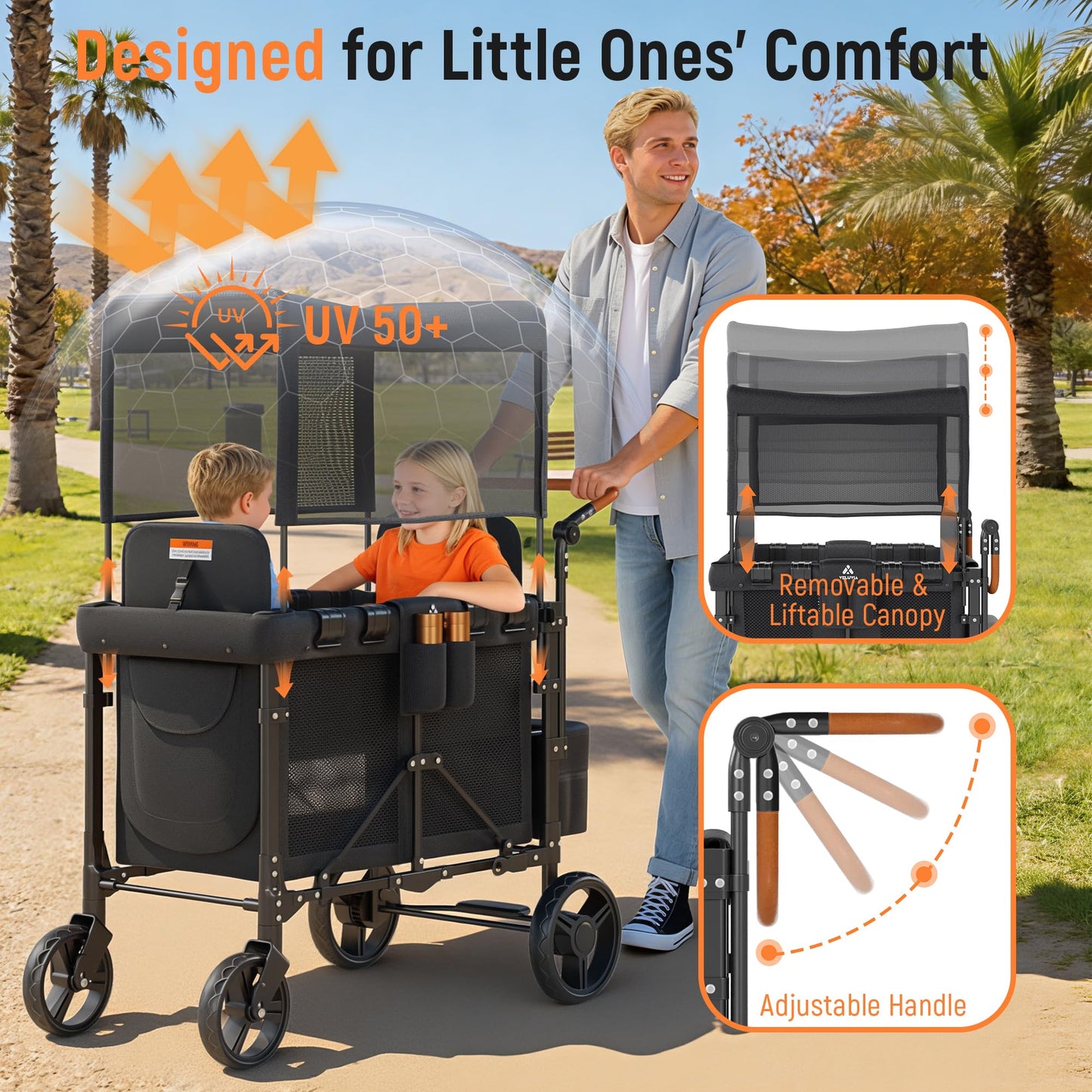 VELUVIA Wagon Stroller Outdoor for 2 Kids - Double Toddlers Stroller with Canopy & Removable Seat Pads, 2 Seater Push Pull Wagon One-Hand Fold, Shock-Absorbent Wheels & Safety Harness, Black