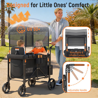 VELUVIA Wagon Stroller Outdoor for 2 Kids - Double Toddlers Stroller with Canopy & Removable Seat Pads, 2 Seater Push Pull Wagon One-Hand Fold, Shock-Absorbent Wheels & Safety Harness, Black