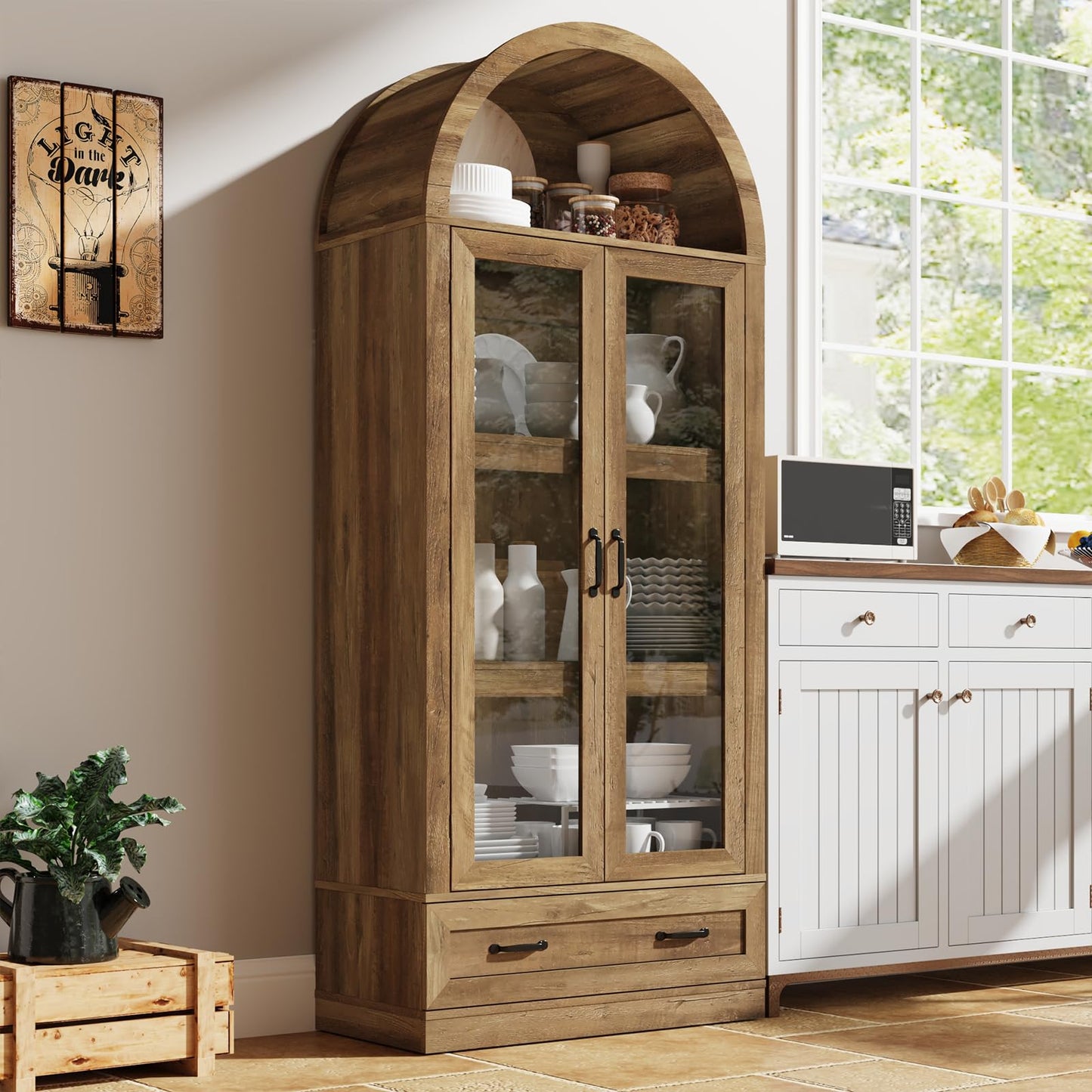 75" Tall Arched Kitchen Pantry Cabinet w Load-Bearing Steel Pipe,Modern Farmhouse Kitchens Storage Cabinet with Drawer and Glass Doors,Tall Arched Bookcase,Pantry Organizer for Living Room(Natural)