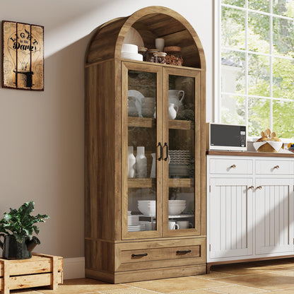 75" Tall Arched Kitchen Pantry Cabinet w Load-Bearing Steel Pipe,Modern Farmhouse Kitchens Storage Cabinet with Drawer and Glass Doors,Tall Arched Bookcase,Pantry Organizer for Living Room(Natural)