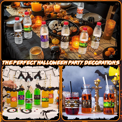 Menkxi 100 Pcs Halloween Water Bottle Labels Pumpkin Witch Potion Bat Ghost Water Bottle Sticker Wrappers Treat Halloween Box Labels for Birthday Party Supplies Decorations Ornaments (Classic Style)