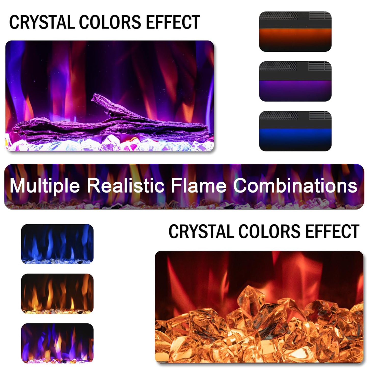 88" Electric Fireplace, Recessed/in-Wall or Wall Mounted, Large Linear 80-90", Ultra-Narrow Frame, 3 Flame Colors & Top Lighting, Timer, Remote, Log & Crystal Media, 1500W Heater