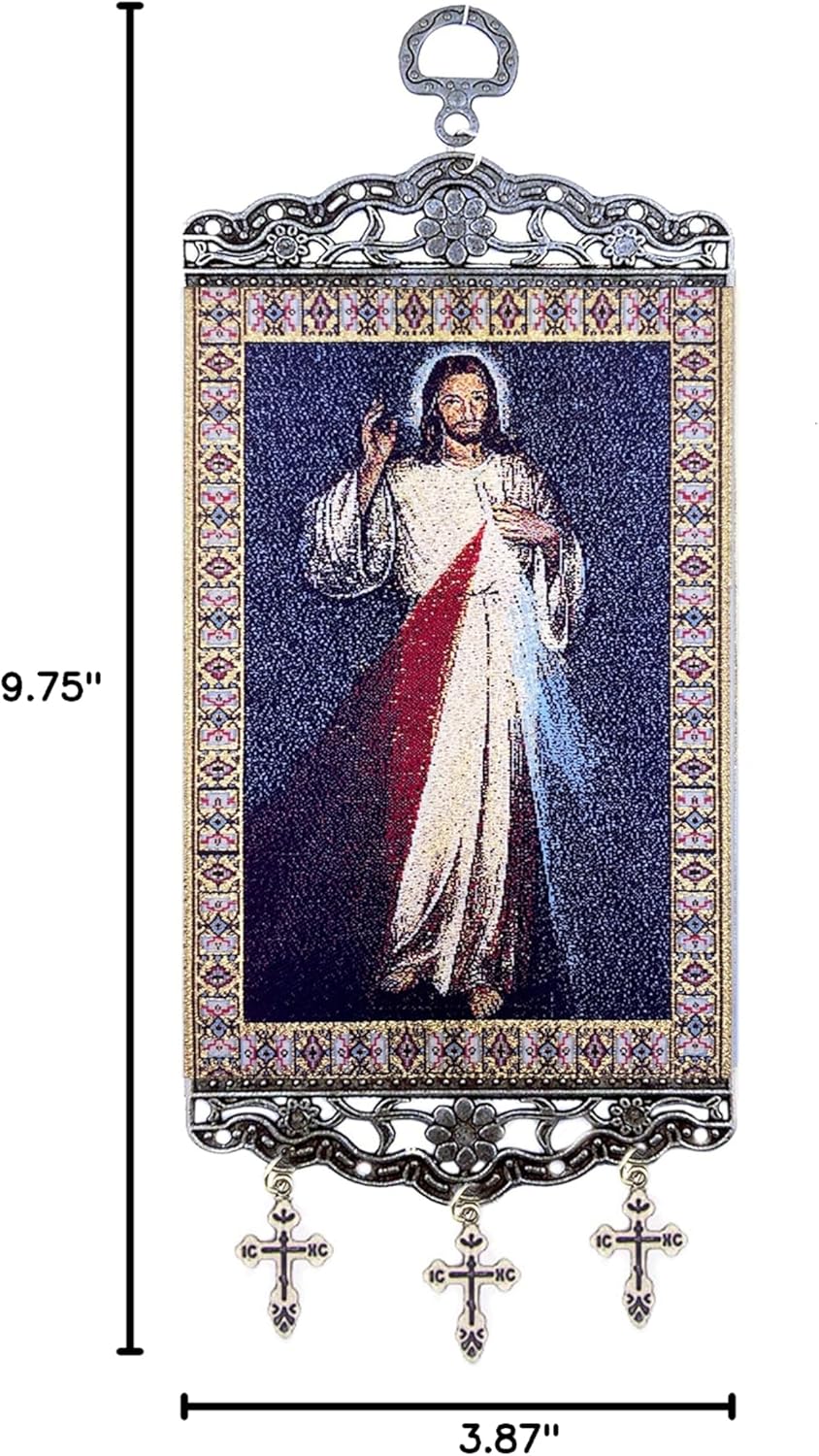 Religious Gifts The Divine Mercy Tapestry Icon Room Wall Decoration, 9 3/4 Inch with Crosses