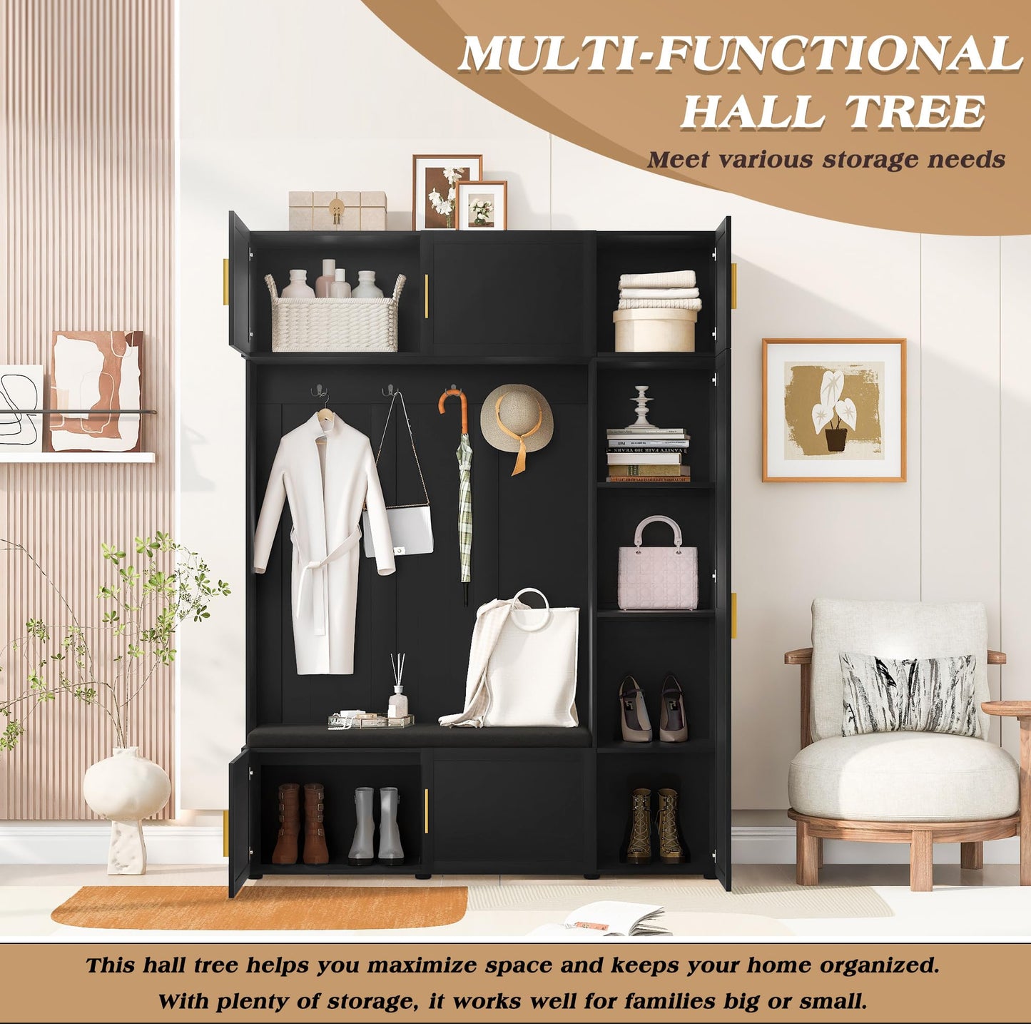 Shaical Hall Tree with Padded Bench and Shoe Storage, 4-in-1 Entryway Bench with Multi-Tier Storage Shelves & Cabinets, 4 Hooks, 79.7" H Wooden Storage Organizer for Entrance, Hallway, Mudroom, Black