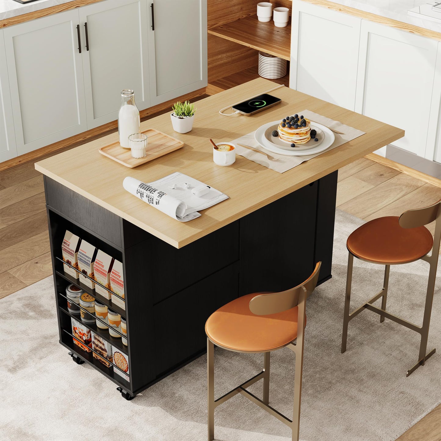 IDEALHOUSE Rolling Kitchen Island with Drop Leaf Countertop, Charging Station & Ample Storage - 47.2" Mobile Kitchen Cart On Wheels with Pull-Out Shelves, Drawers, Spice Rack & Organizer Divider