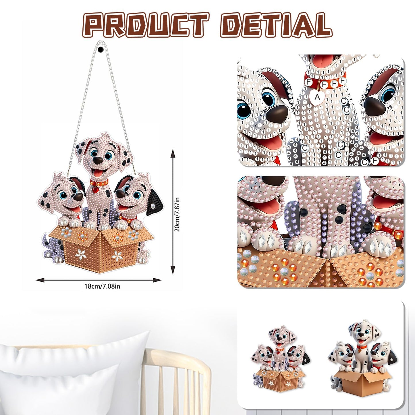 KEYIFA Dalmation Diamond Art Hanging Kits with Chain, Special Shaped Drill Diamond Painting Pendant, Cartoon Crystal Gem Art Pendant 5D Window Crafts for Wall Garden Door Decor (Width 7.9 in)