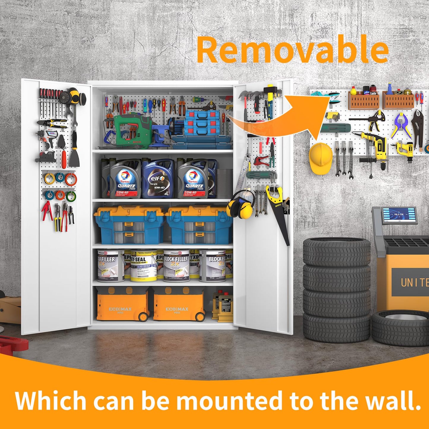 Large Metal Cabinet Two Lockable Metal Doors Four Wheels,Four Adjustable dividers can be Used as Tool File Storage Suitable for garages Schools Gyms Offices
