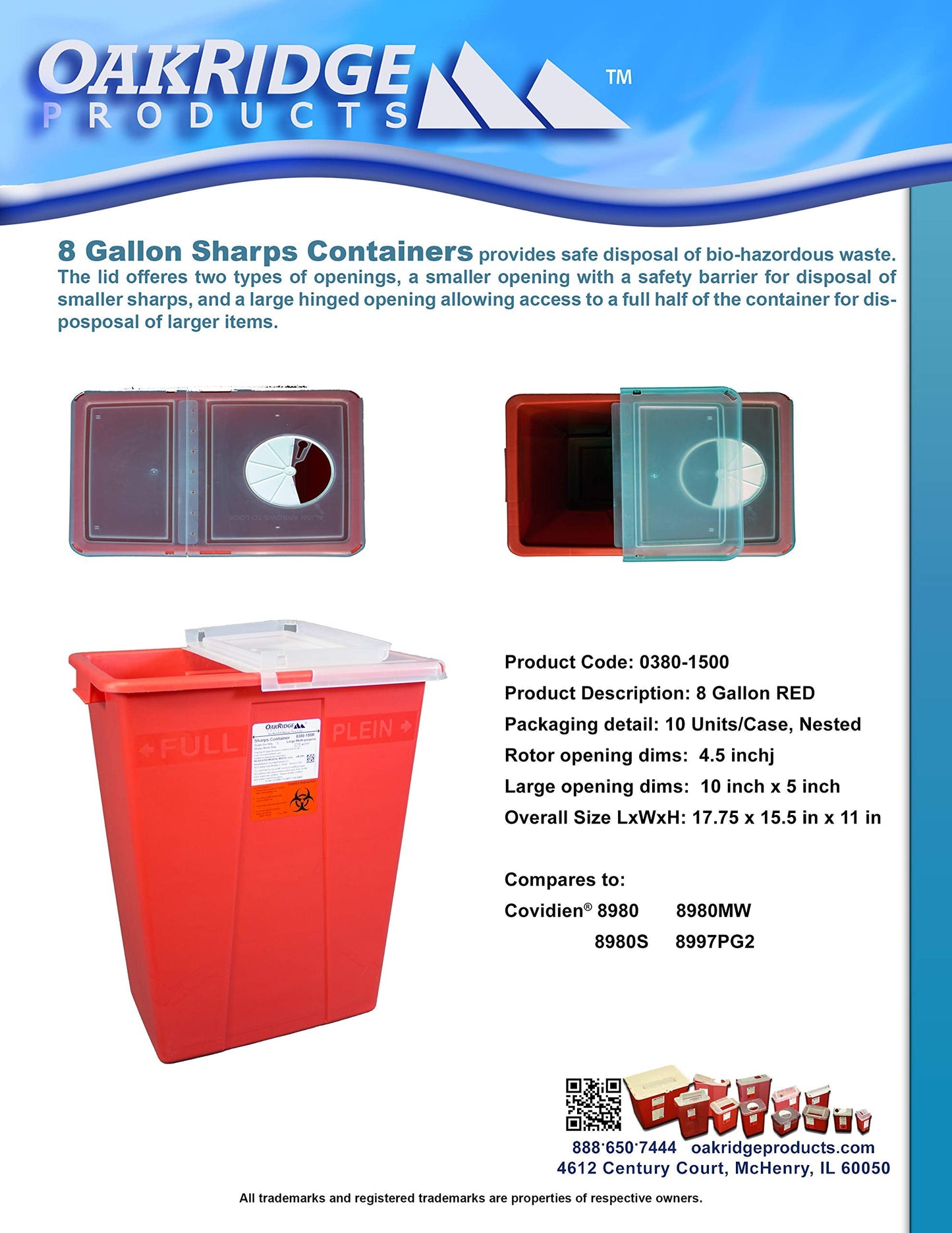 Oakridge 8 Gallon Sharps Container | Rotary Opening | Hinge lid opening | Case of 10