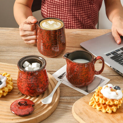 Hasense Ceramic Sugar and Creamer Set, 11 Ounce Sugar Bowl with Lid and Spoon, 10 Ounce Cream Pitcher, Red Coffee Serving Set for Gift, Dishwasher & Microwave Safe