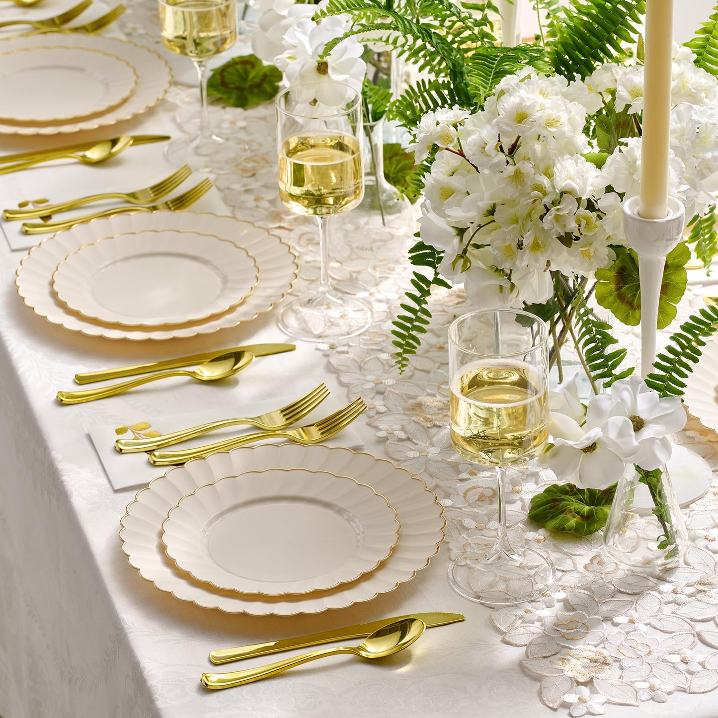 By Madee HEAVYWEIGHT 100 Pc Scalloped Ivory & Gold Plastic Plates for Party | 50 Dinner & 50 Dessert Disposable Plates Heavy Duty | Elegant & Fancy for Wedding, Baby Shower, Bridal Shower - 50 Guests