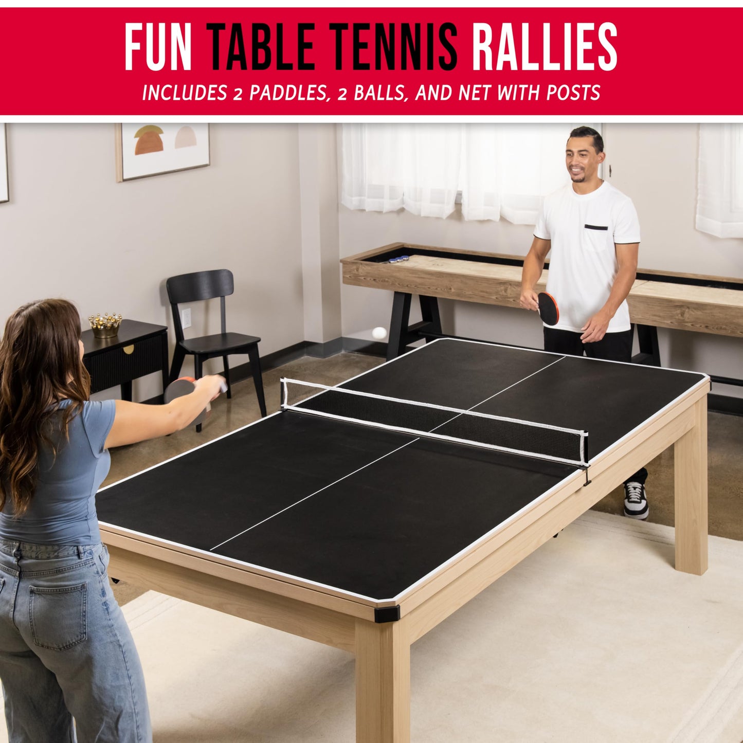 GoSports 8 ft 3 in 1 Pool, Dining, & Table Tennis Combo Table and Storage Benches - Convertible Billiards with Game Accessories - Light Birch