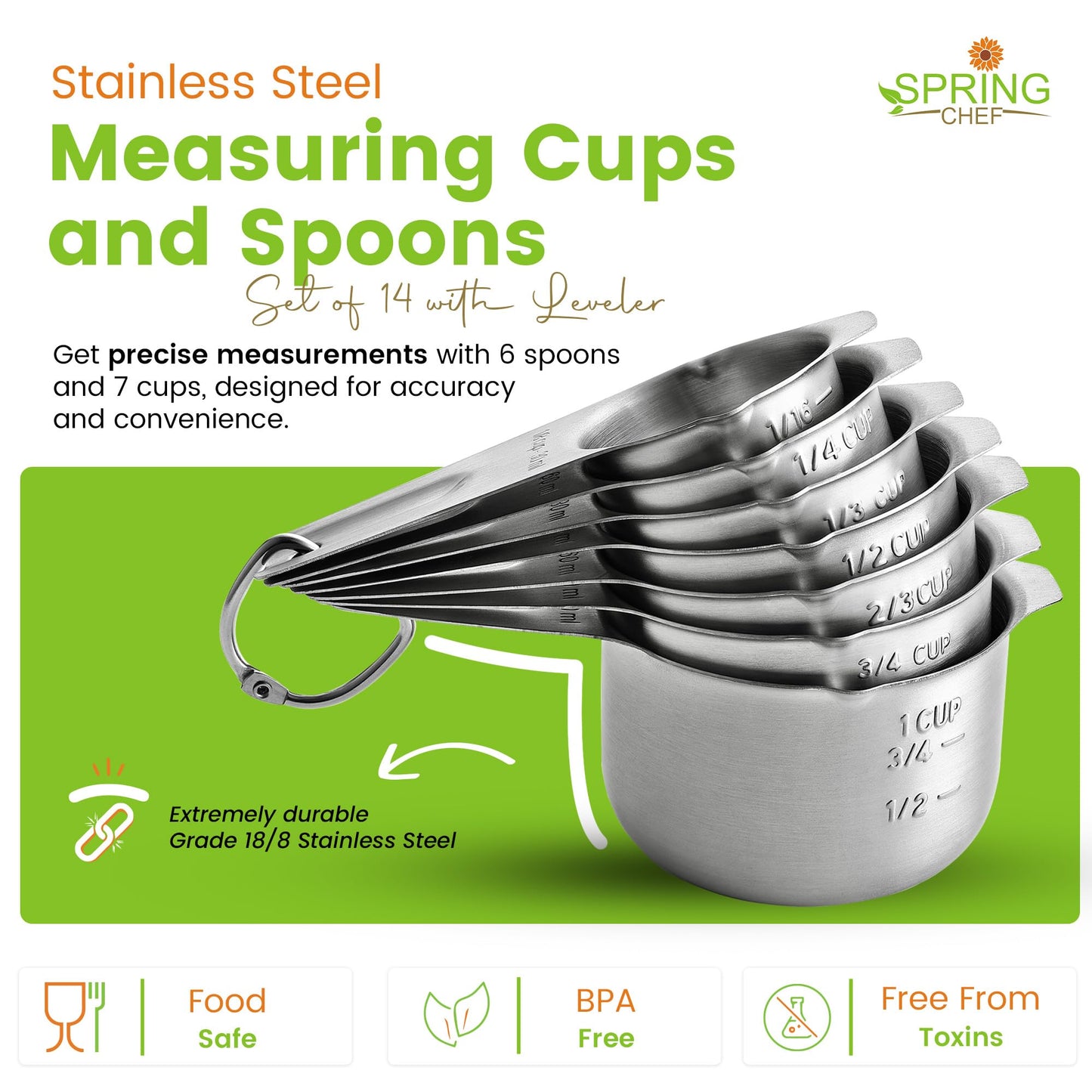 Spring Chef Stainless Steel Measuring Cups and Spoons Set of 14 with Leveler, Nesting Kitchen Metal Measuring Cups and Spoons Set for Dry and Liquid Ingredients, Perfect for Cooking & Baking