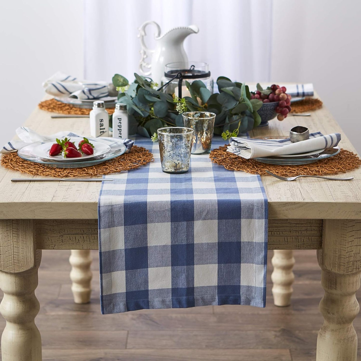 DII Buffalo Check Collection Classic Farmhouse Table Runner, 14x108, Stonewash Blue