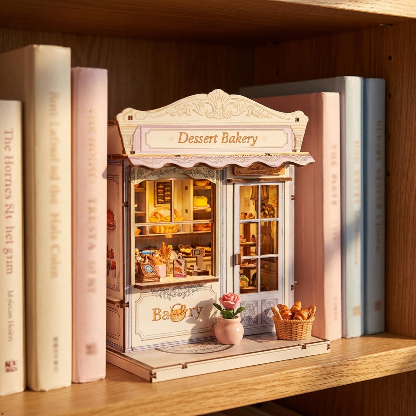 Book Nook Kit - DIY Miniature House Bakery Patisserie Dollhouse Kit for Adults and Teens, Booknook Tiny House Bakery Shop Bookshelf Decor 3D Wooden Puzzle, Gifts for Family, Friends (with Glue)