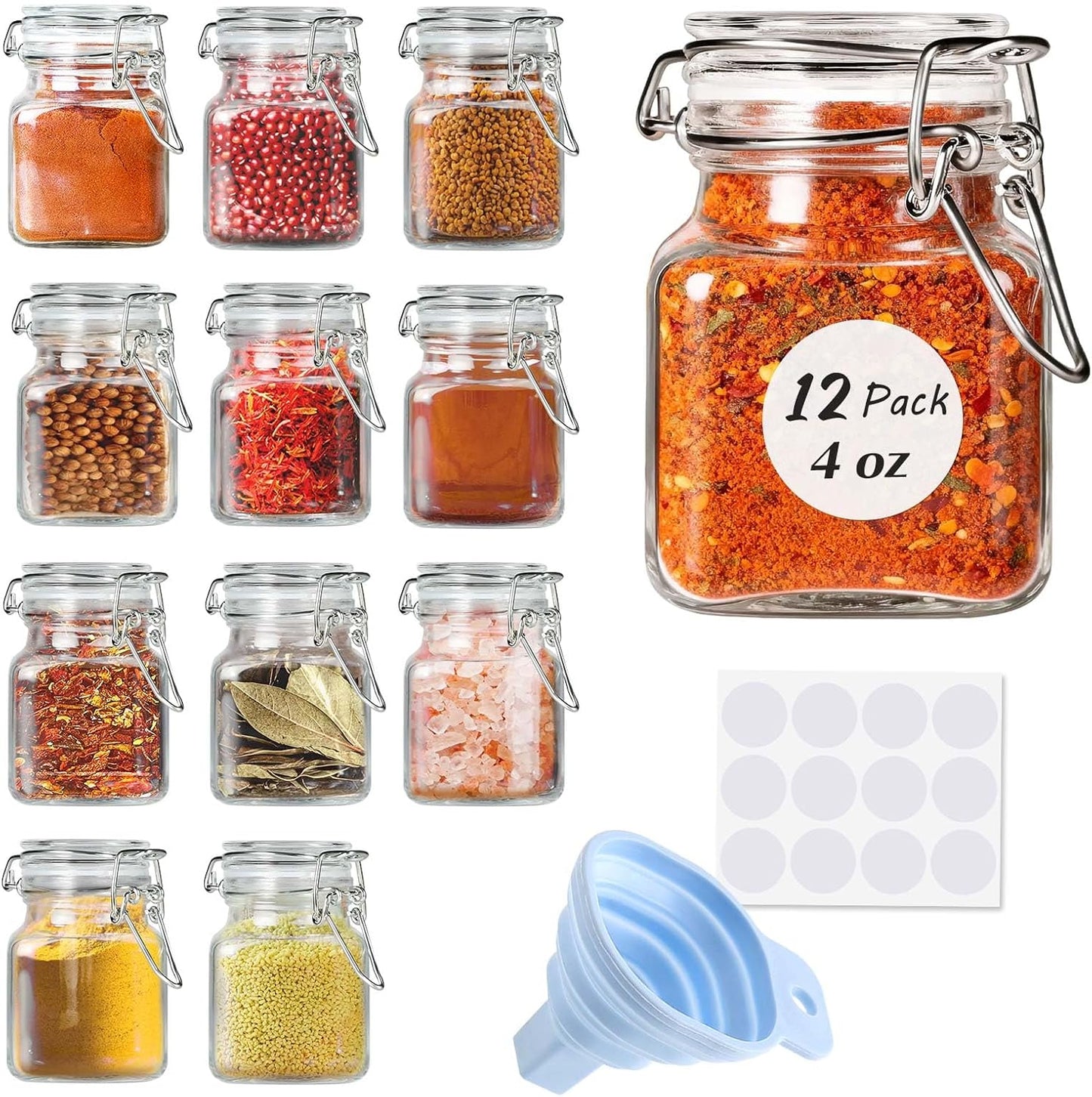 12 Pack 4oz 12 (12 Pack) SPANLA Spice Jars, Small Glass Jars with Airtight Hinged Lid, With Spice Labels & Silicone