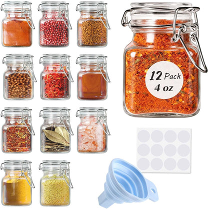 12 Pack 4oz 12 (12 Pack) SPANLA Spice Jars, Small Glass Jars with Airtight Hinged Lid, With Spice Labels & Silicone