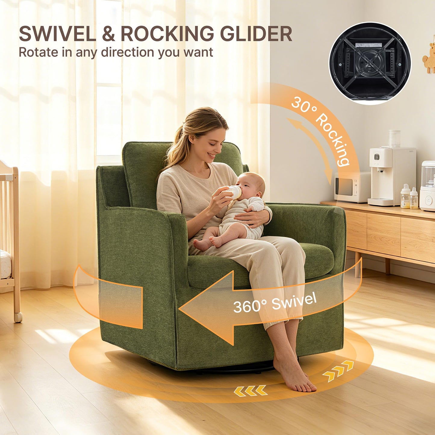 KISLOT Swivel Accent Chair with Ottoman, Rocking Recliner 360 Degree Swivel Armchair Machine-Washable Cover for Nursery Living Room Bedroom