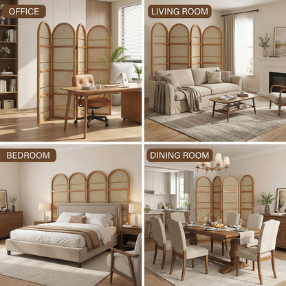 Rattan Room Divider Portable Partition with Built-in Bookshelf, 67" Foldable Privacy Screen for Room Separation, Home Office, Bedroom, 2 Panel Design