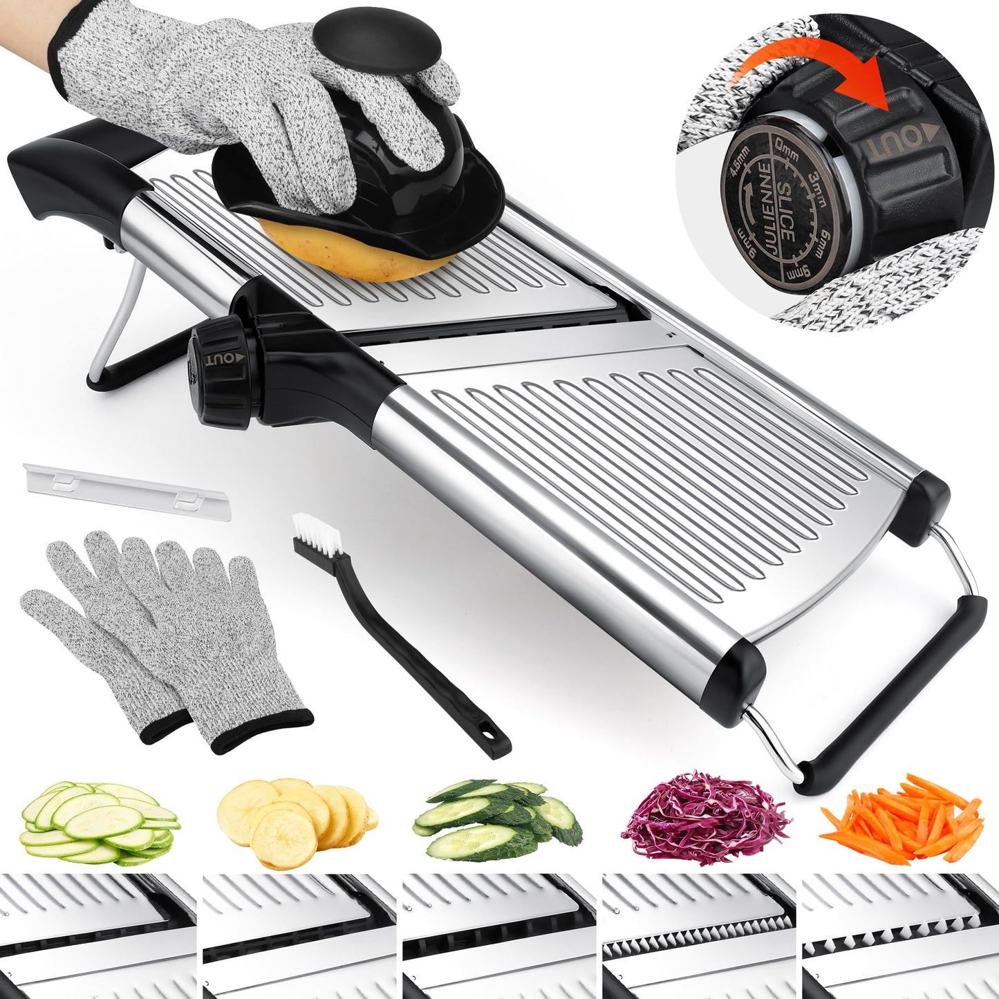Mandoline Slicer for Kitchen, Adjustable mandoline food slicer， Stainless Steel vegetable slicer with a pair of Gloves