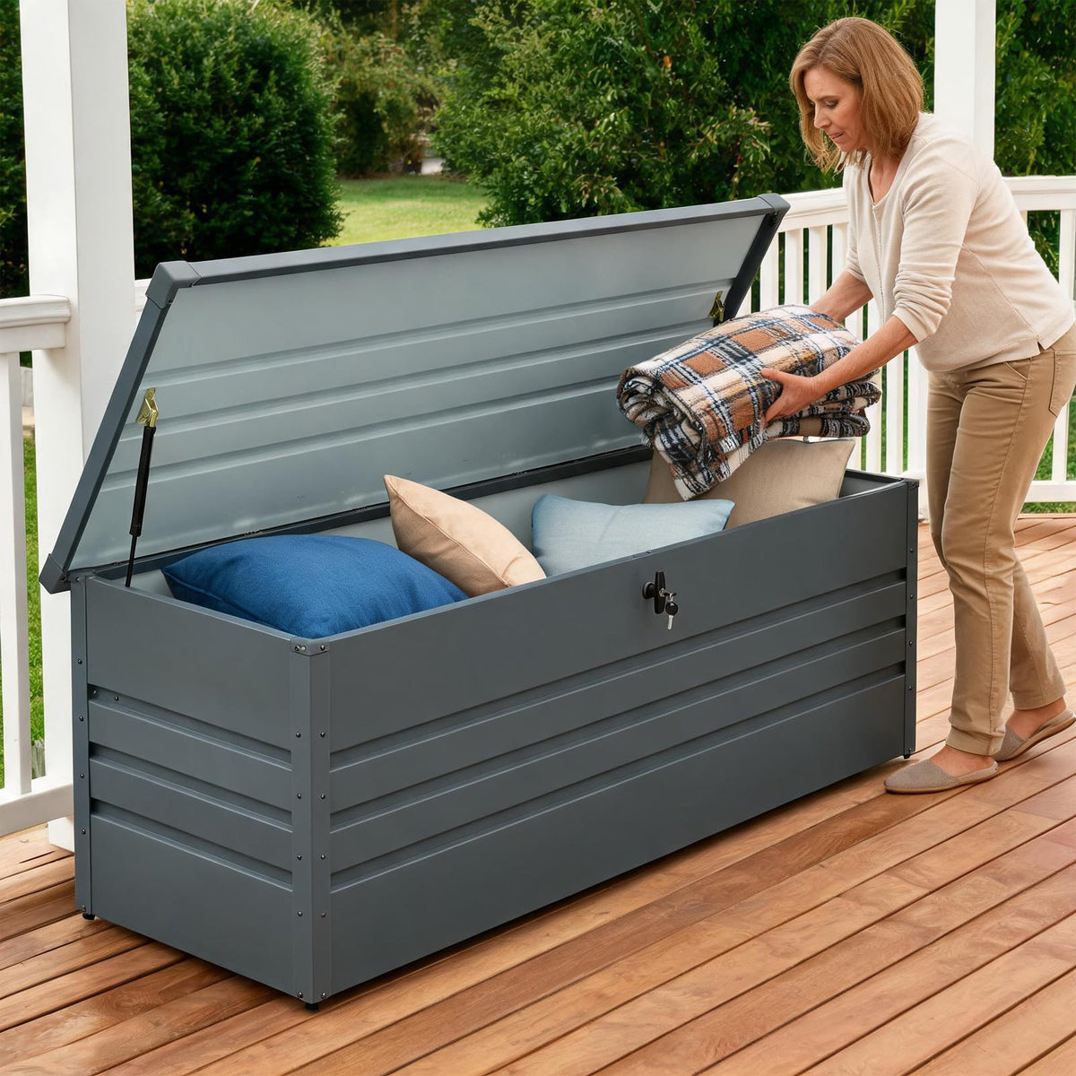 Zolyndo 260 Gallon Waterproof Metal Deck Box, Extra Large Outdoor Storage Box with Hydraulic Lid for Outside Patio, Cushions, Garden Tools, Pool Supplies (Black)